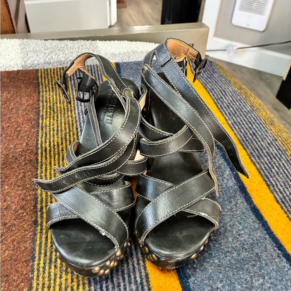 Bed Stu Black Leather Strappy Studded Wedge Sandals